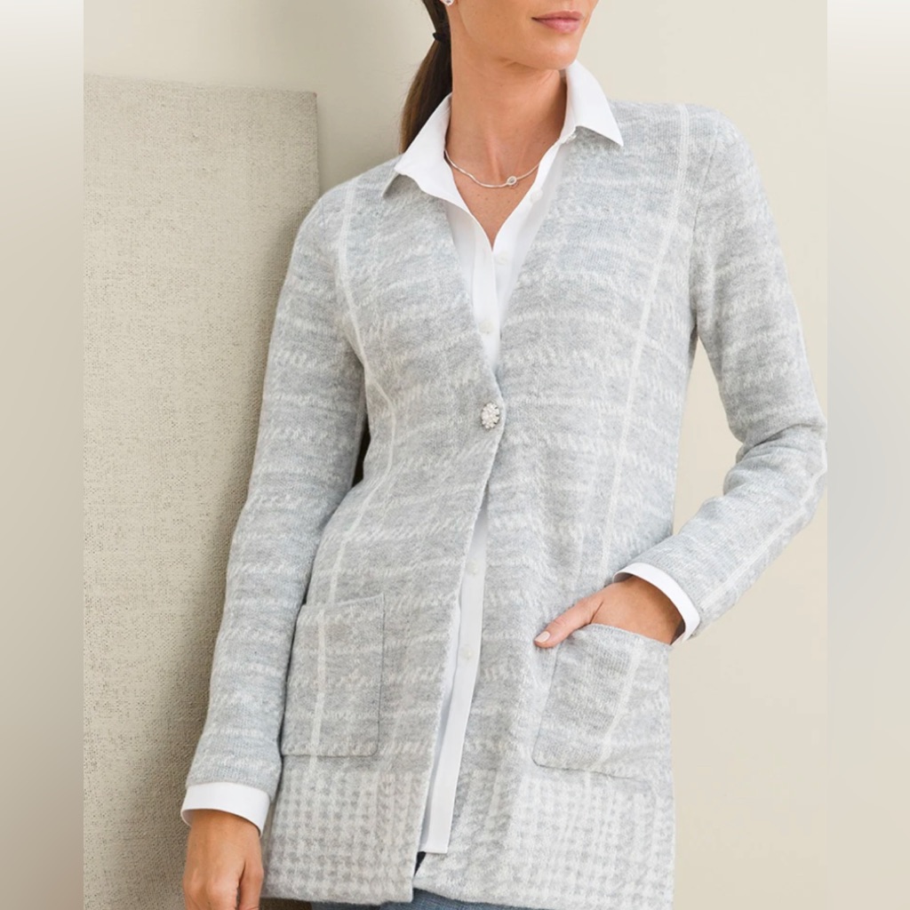 Nwt Chico's Size 1 Frost Gray Plaid Cardigan Standard Size M